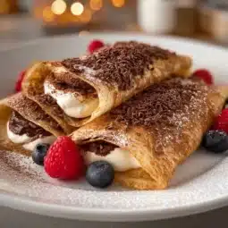 Tiramisu Crepes filled with coffee and mascarpone, beautifully presented on a plate.