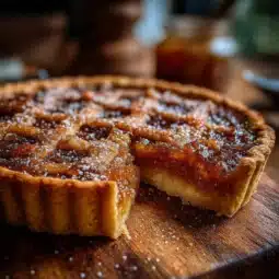 Delicious homemade treacle tart garnished with lemon zest and served on a plate