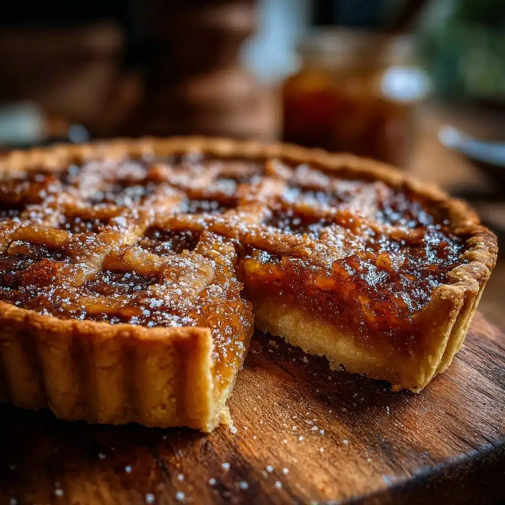 Delicious homemade treacle tart garnished with lemon zest and served on a plate