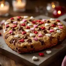 Heart-shaped Valentine's Day cookie cake decorated with frosting and sprinkles.
