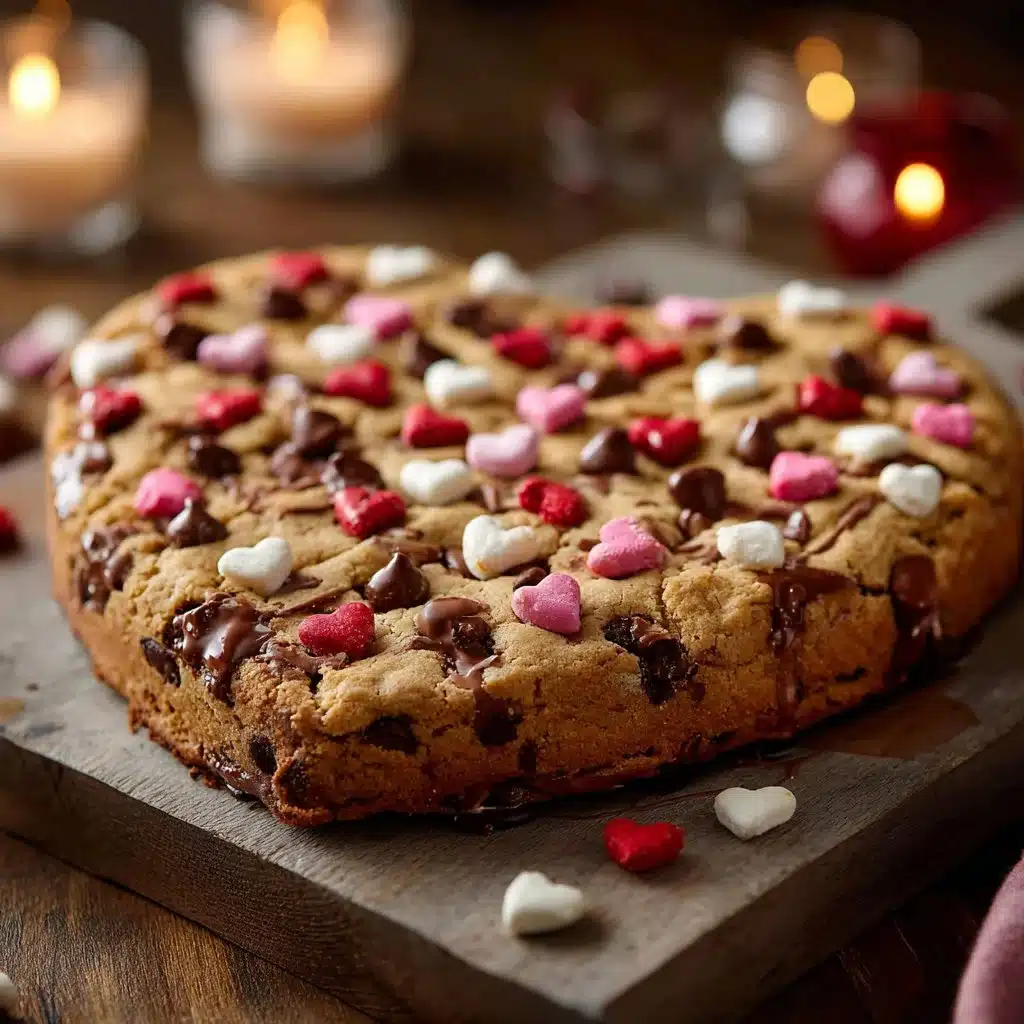 Heart-shaped Valentine's Day cookie cake decorated with frosting and sprinkles.