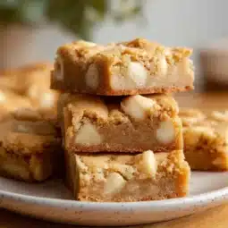 Delicious white chocolate macadamia cookie bars on a wooden platter