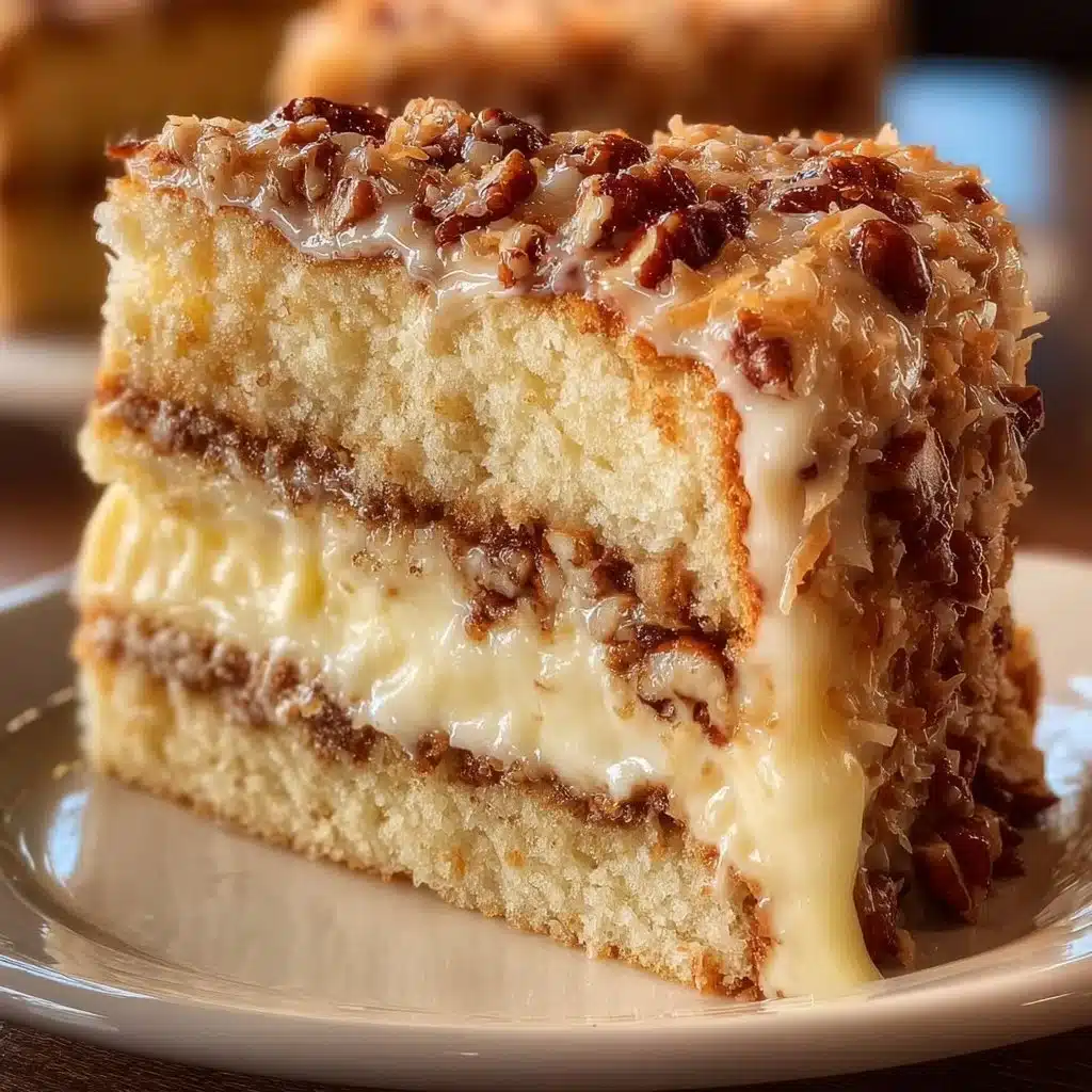 Slice of White German Chocolate Cake topped with coconut and pecans