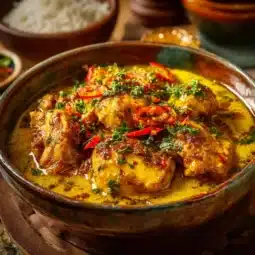 A delicious plate of Yellow Chili Chicken garnished with fresh herbs and spices.