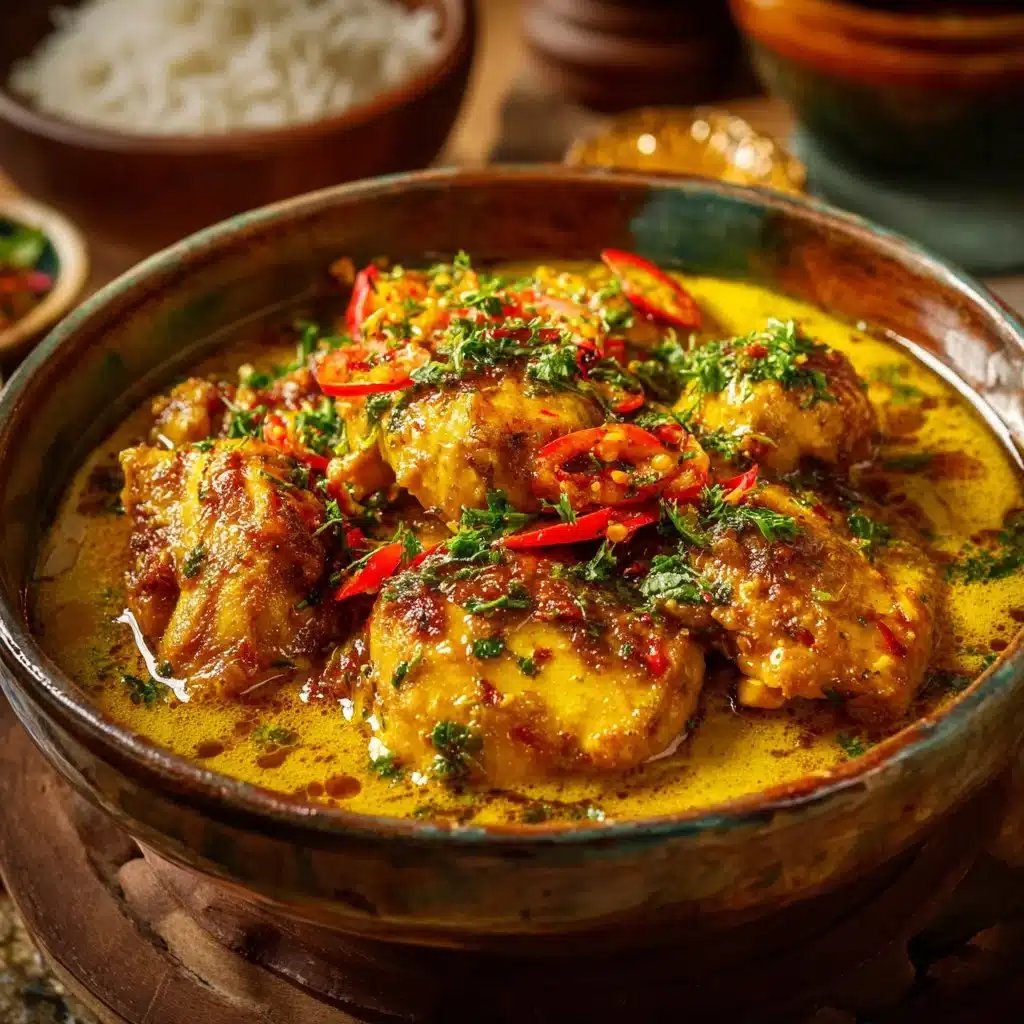 A delicious plate of Yellow Chili Chicken garnished with fresh herbs and spices.