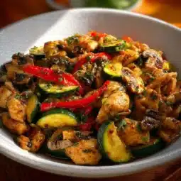 Zucchini Mushroom Chicken Stir Fry with colorful vegetables in a skillet
