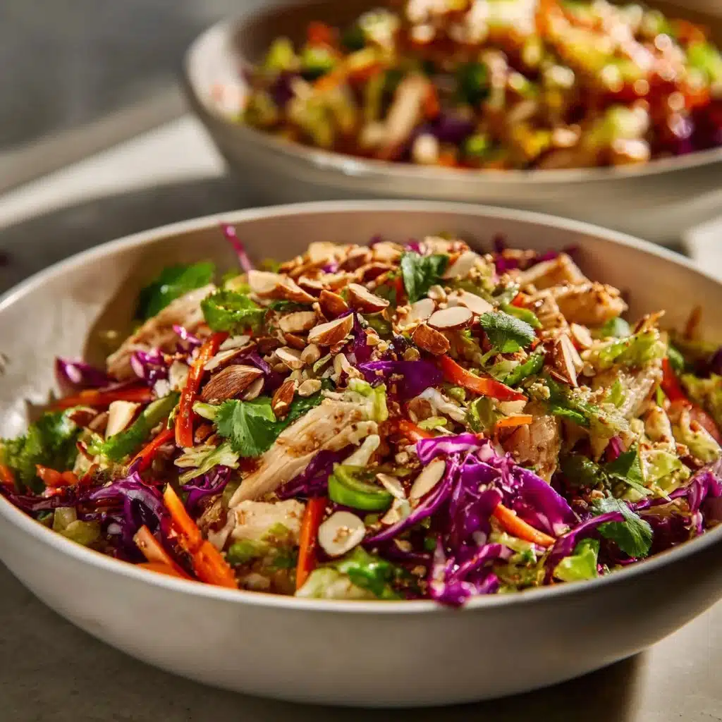 Delicious Asian Chicken Crunch Salad topped with vibrant vegetables and crunchy noodles