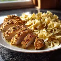 Baked Caesar Chicken served with four-cheese bowtie pasta on a plate.