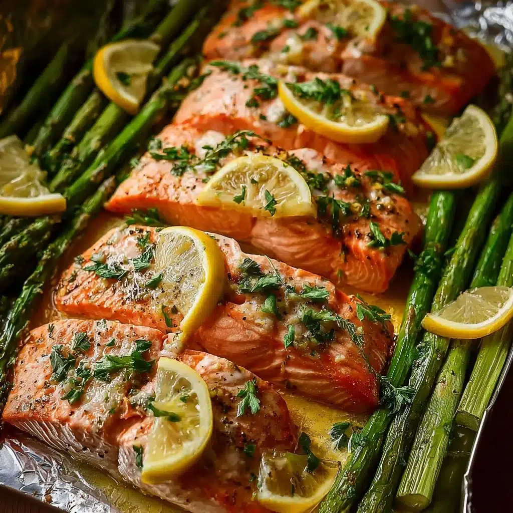 Baked salmon in foil with asparagus on a plate, garnished with lemon.