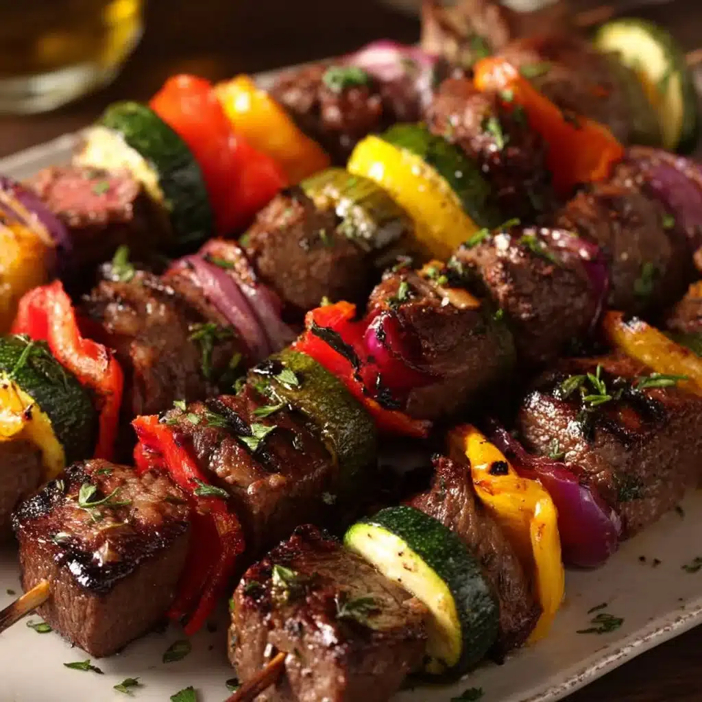 Juicy beef kebabs on the grill with vibrant vegetables