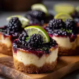 Blackberry lime cheesecake cupcakes topped with fresh blackberries and lime zest.