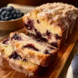 Loaf of freshly baked blueberry bread on a wooden table