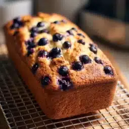 Slice of moist blueberry cream cheese bread topped with fresh blueberries