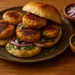 Delicious Bun Kababs served with chutney and salad on a plate