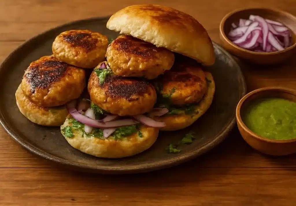 Delicious Bun Kababs served with chutney and salad on a plate