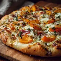 A delicious slice of butternut squash pizza topped with cheese and greens.