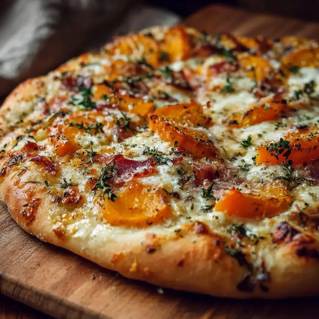 A delicious slice of butternut squash pizza topped with cheese and greens.