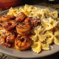 Cajun Garlic Butter Shrimp served with creamy four cheese bowtie pasta dish