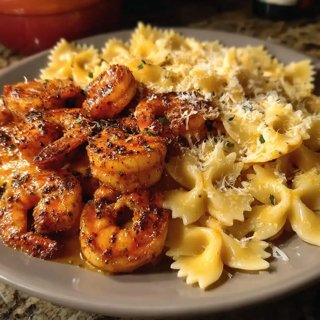 Cajun Garlic Butter Shrimp served with creamy four cheese bowtie pasta dish