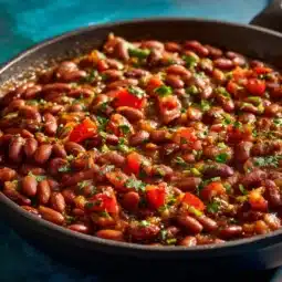 Delicious Charro Beans served in a bowl with fresh toppings