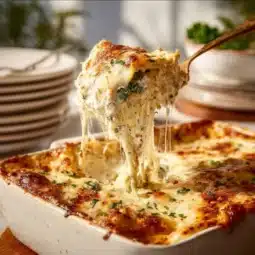 Delicious Chicken Alfredo Lasagna served in a baking dish