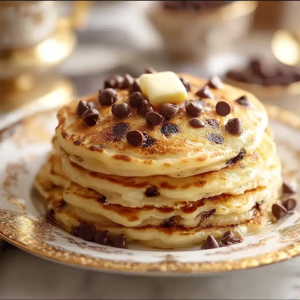 Stack of fluffy chocolate chip pancakes drizzled with syrup and topped with chocolate chips