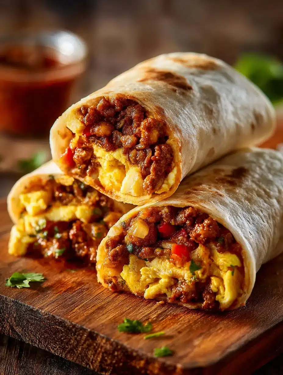 Chorizo Breakfast Burritos filled with eggs, cheese, and spices.