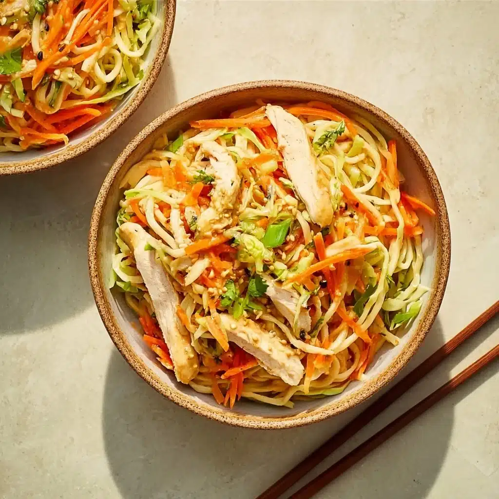 Delicious Classic Bang Bang Chicken Noodle Salad on a plate garnished with fresh vegetables