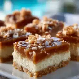 Homemade Coconut Toffee Bars topped with chocolate and coconut flakes