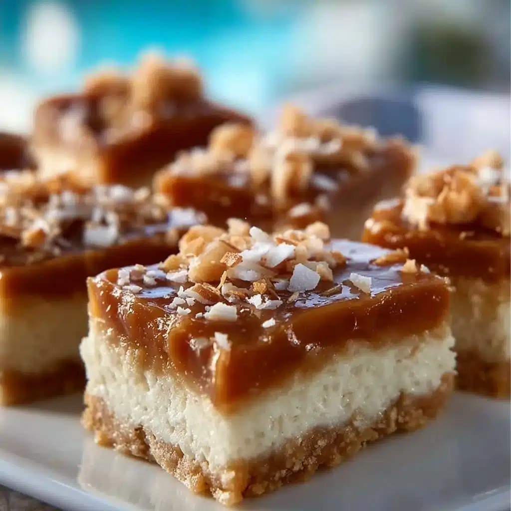 Homemade Coconut Toffee Bars topped with chocolate and coconut flakes