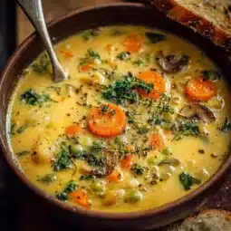 Bowl of creamy vegetable soup garnished with herbs and surrounded by fresh vegetables.