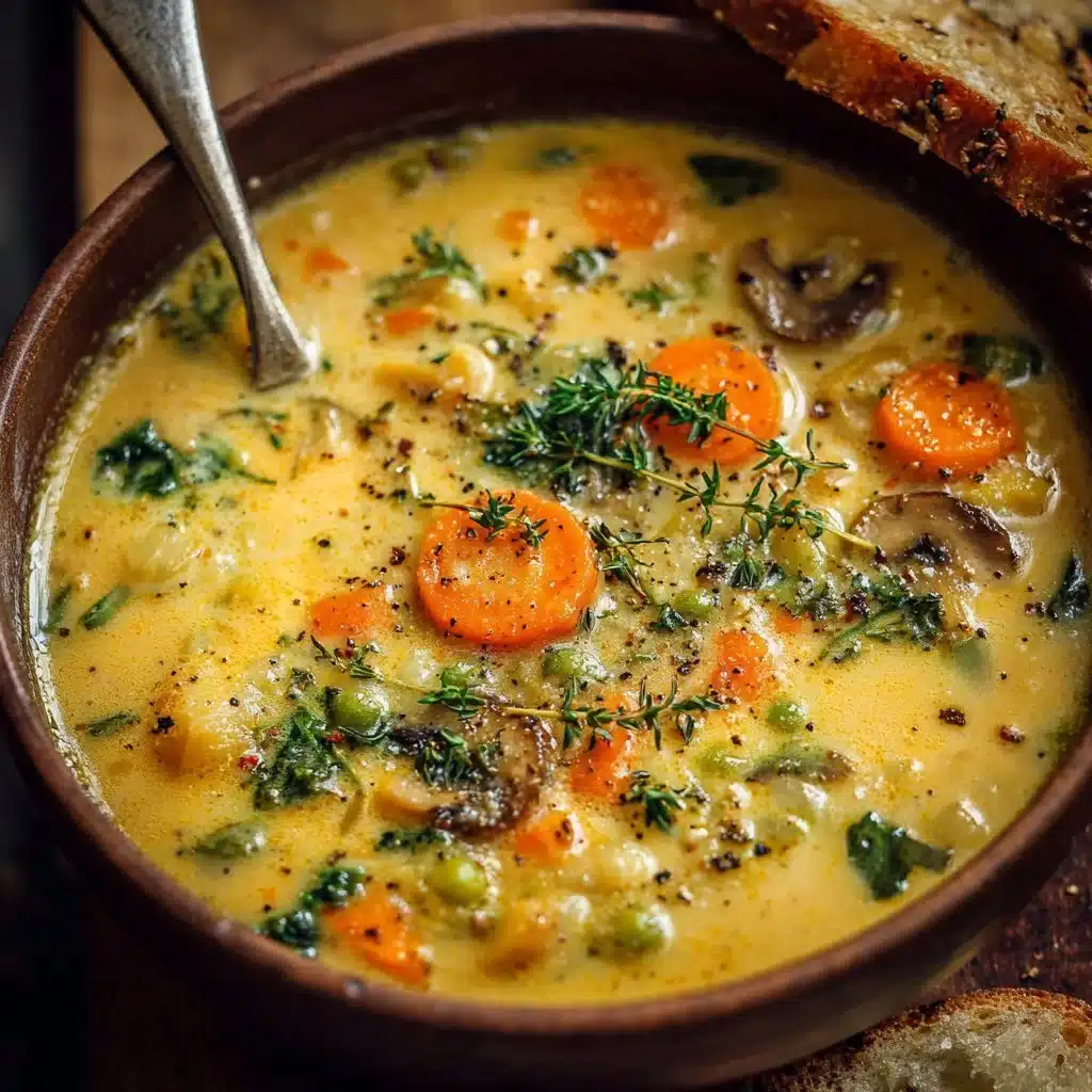 Bowl of creamy vegetable soup garnished with herbs and surrounded by fresh vegetables.