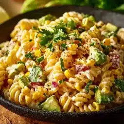 Colorful corn pasta salad with fresh vegetables and dressing
