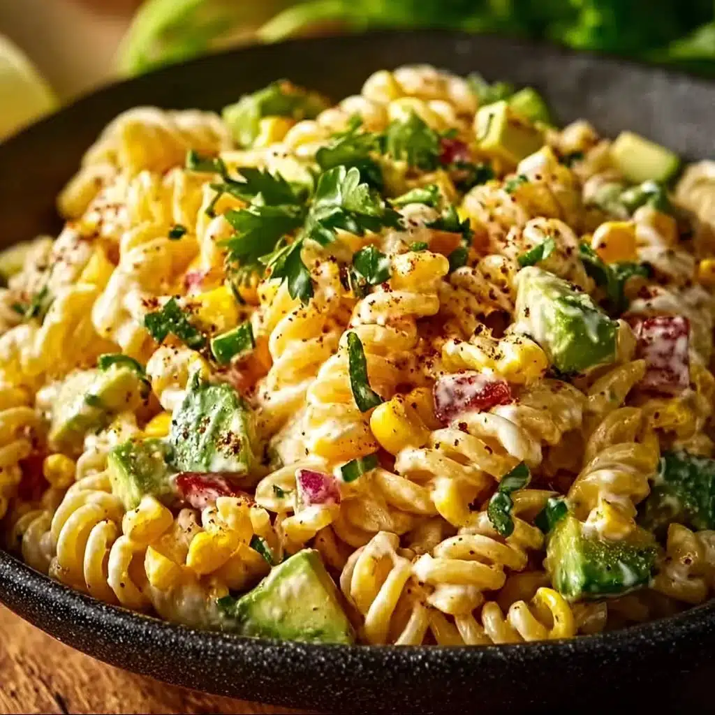 Colorful corn pasta salad with fresh vegetables and dressing