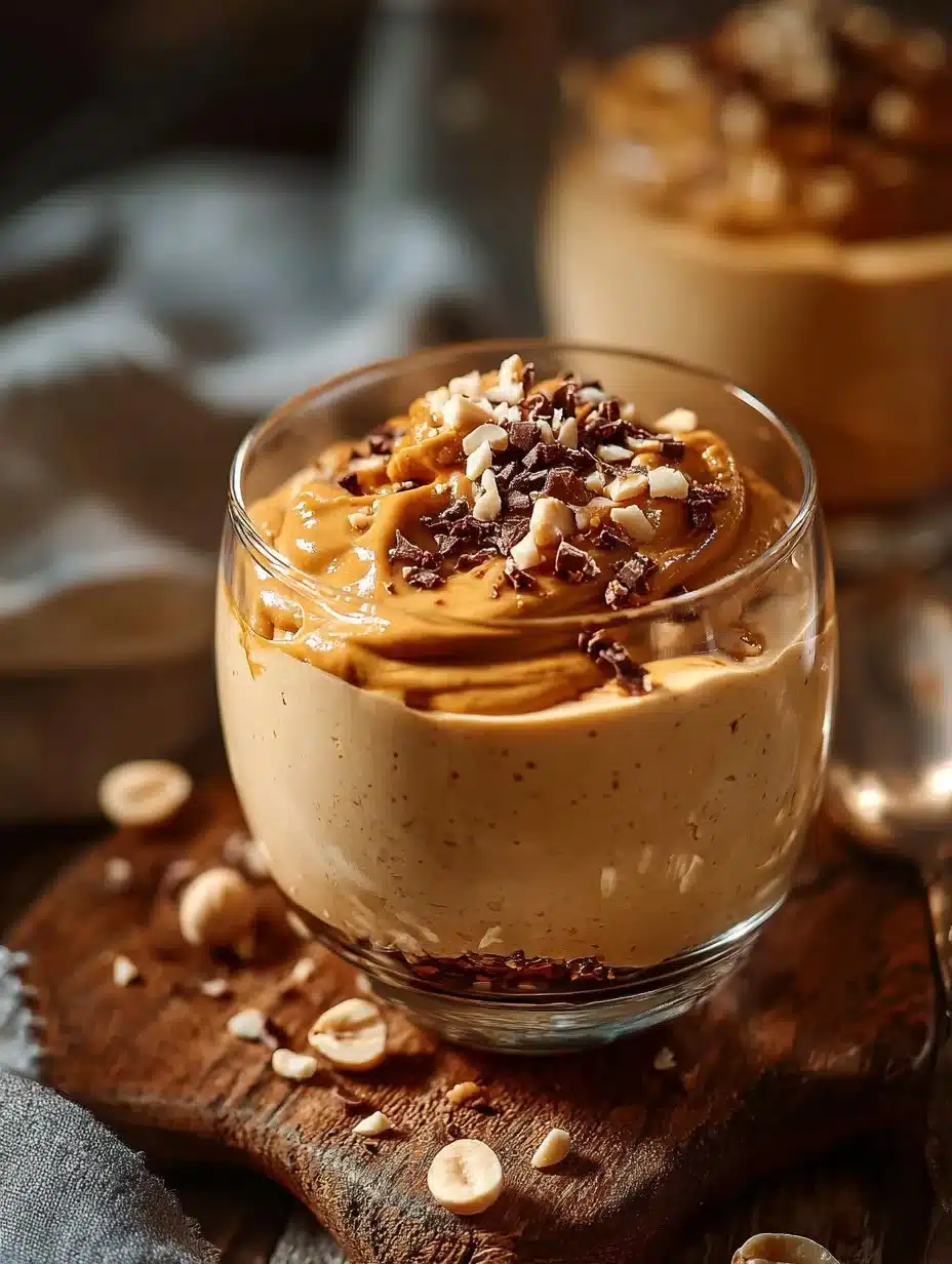 Delicious cottage cheese peanut butter mousse topped with chopped peanuts.