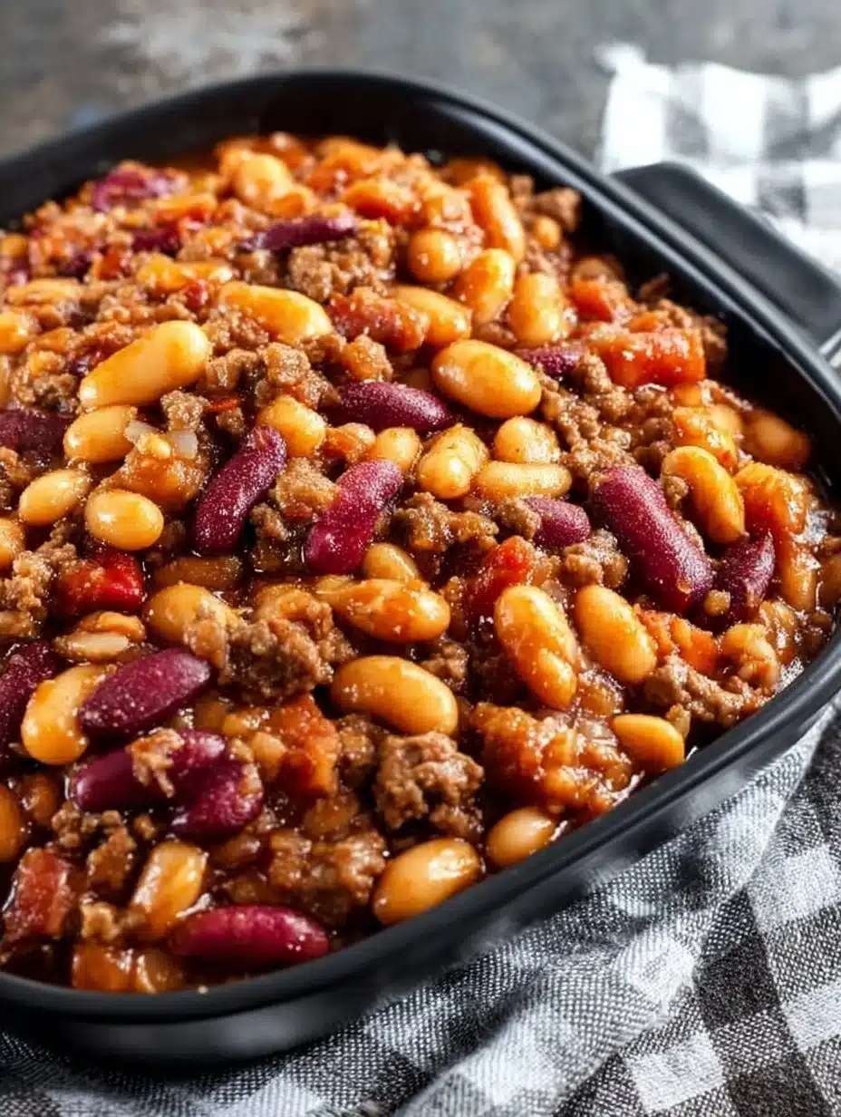 A bowl of flavorful Cowboy Beans garnished with herbs and spices.