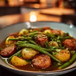 Cozy Crockpot Sausage with Green Beans in a slow cooker