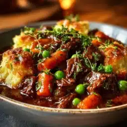 Cozy slow cooker Irish lamb stew topped with crispy colcannon crust in a bowl.