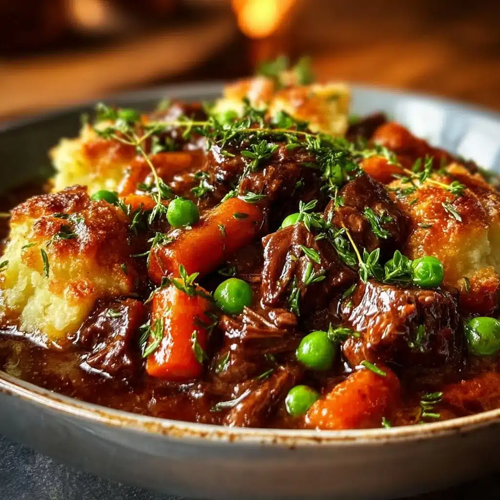 Cozy slow cooker Irish lamb stew topped with crispy colcannon crust in a bowl.