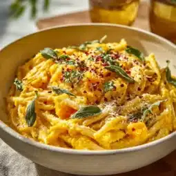 Creamy butternut squash pasta served in a bowl with herbs on top