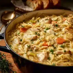 Creamy chicken pot pie with orzo served in a cozy dish