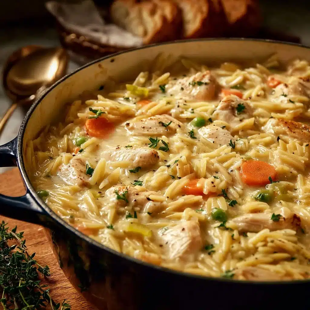 Creamy chicken pot pie with orzo served in a cozy dish