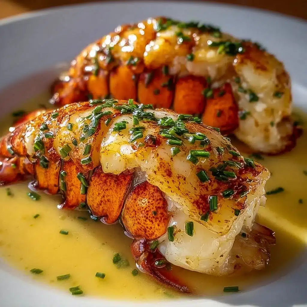 Creamy garlic butter lobster tails served with herbs and lemon wedges