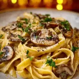 Creamy mushroom fettuccine served in a bowl with fresh herbs