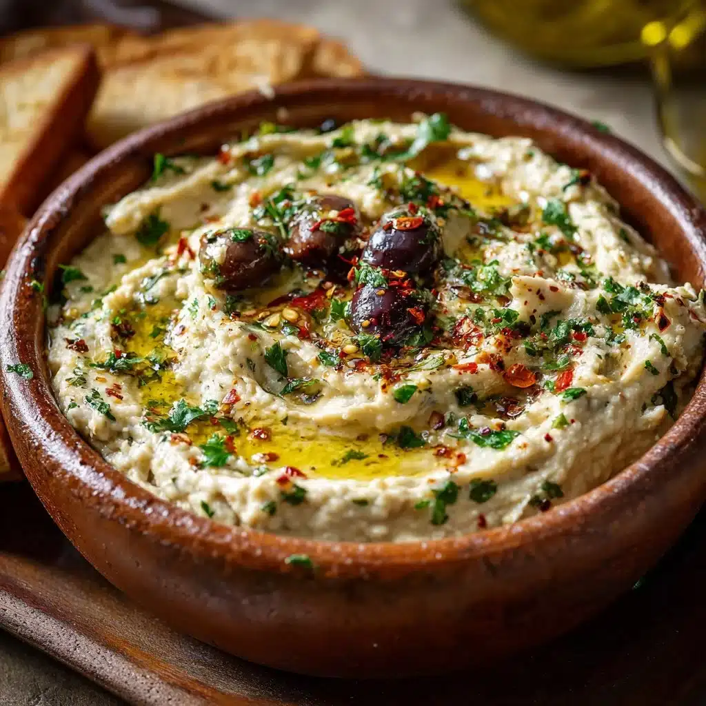 Creamy olive spread served on a cracker with herbs and spices