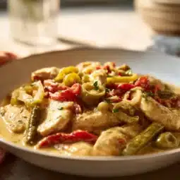 Creamy Pepperoncini Chicken Skillet served with vegetables on a plate