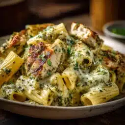 Creamy pesto chicken pasta bake topped with cheese and fresh basil for a delicious meal.