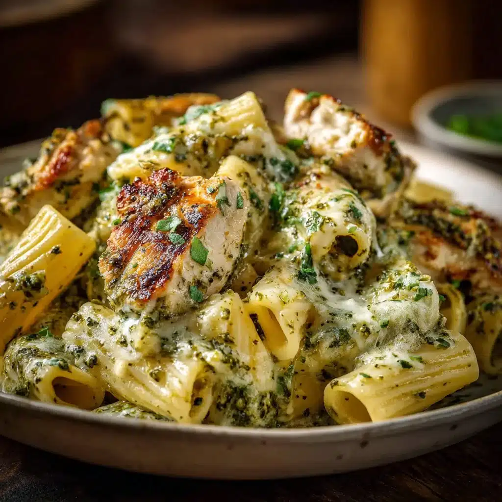 Creamy pesto chicken pasta bake topped with cheese and fresh basil for a delicious meal.