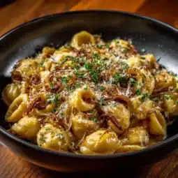 Creamy French onion soup pasta topped with melted cheese and herbs