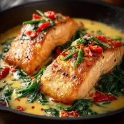 Creamy spinach and roasted red pepper salmon served on a plate